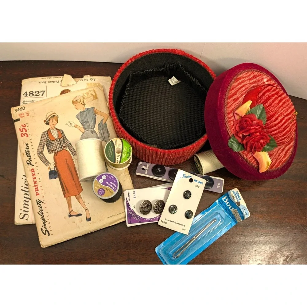 Vintage Style Hat Shaped Sewing Basket Red Velvet Corduroy Rose Trim w/ Notions